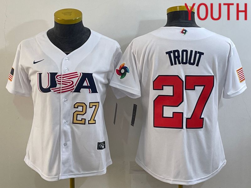 Youth 2023 World Cub USA #27 Trout White MLB Jersey1